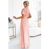 545-4 Dlouhé šaty s plisovaným výstřihem a zavazováním - broskvová barva (Velikost UNI)