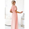 545-4 Dlouhé šaty s plisovaným výstřihem a zavazováním - broskvová barva (Velikost UNI)