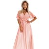 545-4 Dlouhé šaty s plisovaným výstřihem a zavazováním - broskvová barva (Velikost UNI)