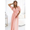 545-4 Dlouhé šaty s plisovaným výstřihem a zavazováním - broskvová barva (Velikost UNI)
