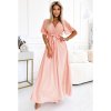 545-4 Dlouhé šaty s plisovaným výstřihem a zavazováním - broskvová barva (Velikost UNI)