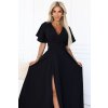 581-7 Dlouhé šaty JENNIFER s rozparkem na nohavicích, rukávy a výstřihem - černé (Velikost S)