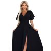 581-7 Dlouhé šaty JENNIFER s rozparkem na nohavicích, rukávy a výstřihem - černé (Velikost S)