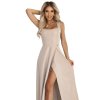 633-1 AURELIA dlouhé šaty s rozparkem a diamantovým výstřihem - béžové s třpytkami (Velikost S)