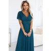 635-1 MELANIA dlouhé, lesklé šaty s výstřihem a krátkými rukávy - lahvově zelené (Velikost UNI)