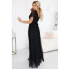 635-2 MELANIA dlouhé, lesklé šaty s výstřihem a krátkým rukávem - černé (Velikost UNI)
