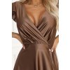 411-14 CRYSTAL saténové dlouhé šaty s výstřihem - mocha mousse (Velikost XS)
