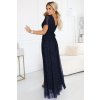 635-3 MELANIA dlouhé, lesklé šaty s výstřihem a krátkými rukávy - tmavě modré (Velikost UNI)