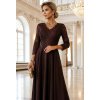309-14 AMBER elegantní dlouhé krajkové šaty s výstřihem - čokoládové (Velikost S)
