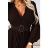 414-11 KLARA elegantní skládané midi šaty s páskem a výstřihem - čokoládové (Velikost UNI)
