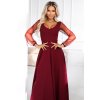 640-1 LORETTA unikátní dlouhé šaty s tylovými rukávy a výstřihem - vínové (Velikost S)