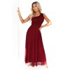 656-1 Dlouhé, lesklé večerní šaty na jedno rameno - vínové (Velikost UNI)
