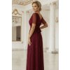 635-5 MELANIA dlouhé, lesklé šaty s výstřihem a krátkými rukávy - vínové (Velikost UNI)