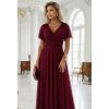 635-5 MELANIA dlouhé, lesklé šaty s výstřihem a krátkými rukávy - vínové (Velikost UNI)