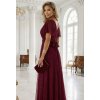 635-5 MELANIA dlouhé, lesklé šaty s výstřihem a krátkými rukávy - vínové (Velikost UNI)