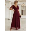 635-5 MELANIA dlouhé, lesklé šaty s výstřihem a krátkými rukávy - vínové (Velikost UNI)