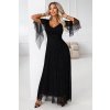 655-1 Dlouhé, třpytivé šaty s výstřihem a průhlednými rukávy - černé (Velikost UNI)