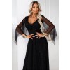 655-1 Dlouhé, třpytivé šaty s výstřihem a průhlednými rukávy - černé (Velikost UNI)