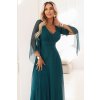 655-2 Dlouhé, třpytivé šaty s hlubokým výstřihem a průsvitnými rukávy - smaragdově zelené (Velikost UNI)