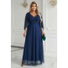 655-3 Dlouhé, třpytivé šaty s výstřihem a průhlednými rukávy - tmavě modré (Velikost UNI)