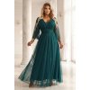 654-1 Dlouhé, třpytivé šaty plus size s kulatým výstřihem a průsvitnými rukávy - lahvově zelené (Velikost UNI)