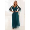 654-1 Dlouhé, třpytivé šaty plus size s kulatým výstřihem a průsvitnými rukávy - lahvově zelené (Velikost UNI)