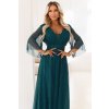 654-1 Dlouhé, třpytivé šaty plus size s kulatým výstřihem a průsvitnými rukávy - lahvově zelené (Velikost UNI)