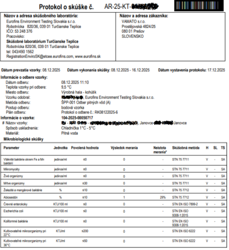 Výsledok rozboru vody po použití UV lampy