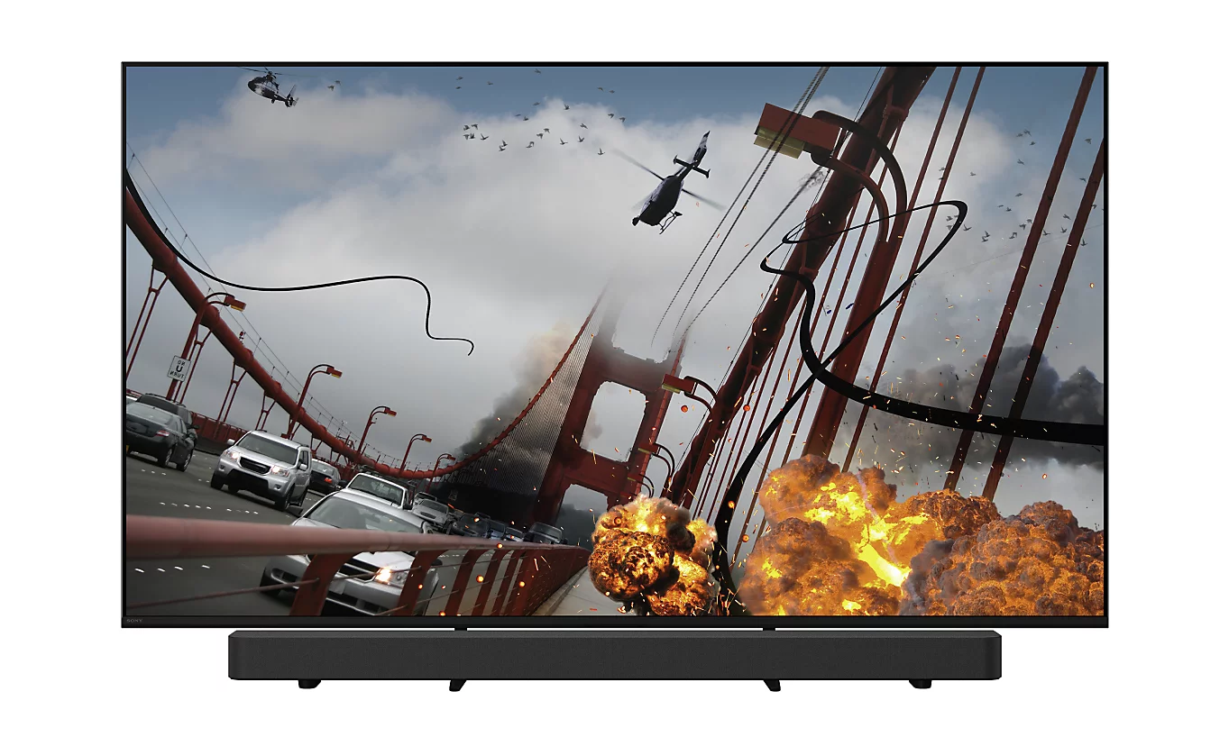 Sony BRAVIA 7 se soundbarem na chytře skrytém ocelovém stojanu