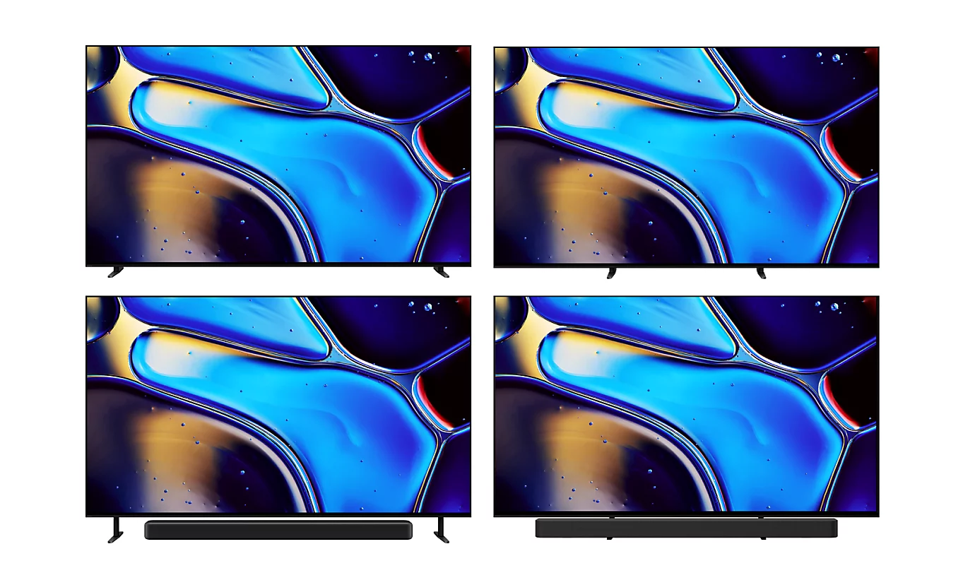 Schéma podstavce Sony BRAVIA 8A nastavitelného čtyřmi způsoby včetně polohy pro soundbar