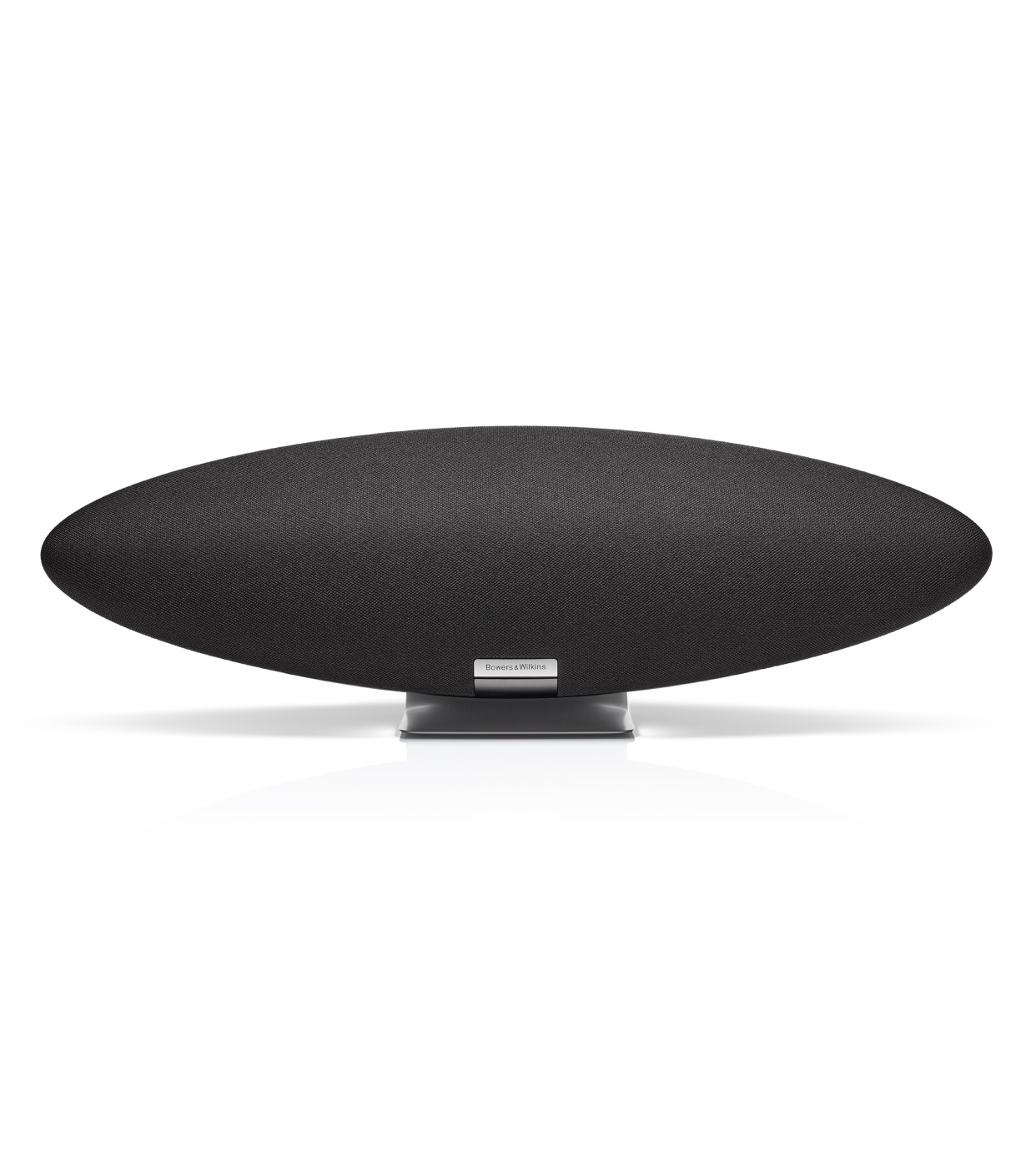 Bowers & Wilkins Zeppelin v barvě Midnight Grey — eliptický tvar s pletenou tkaninou na kovovém soklu