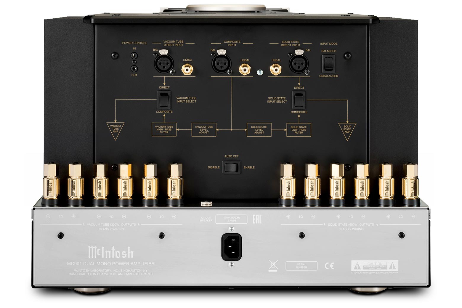 Zadní strana McIntosh MC901 — symetrické a nesymetrické vstupy, schéma zapojení a pozlacené terminály Solid Cinch pro elektronkovou i polovodičovou sekci