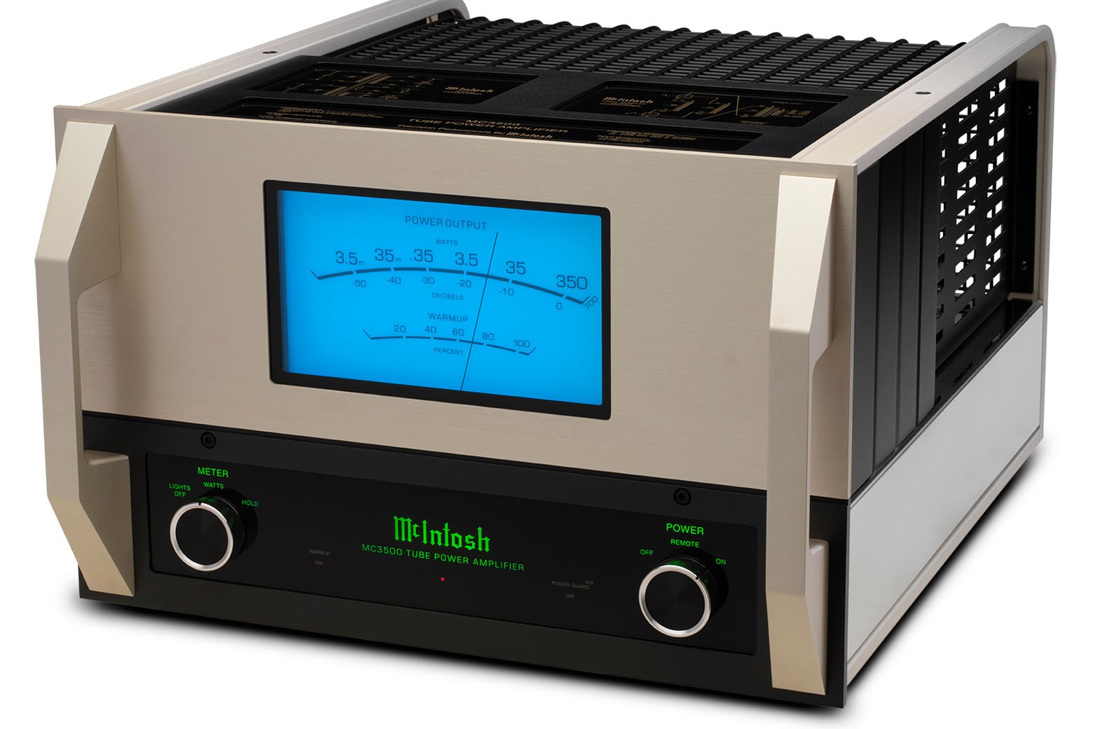 McIntosh MC3500 Mk II z úhlu — obráběný hliníkový panel a osmice výstupních elektronek