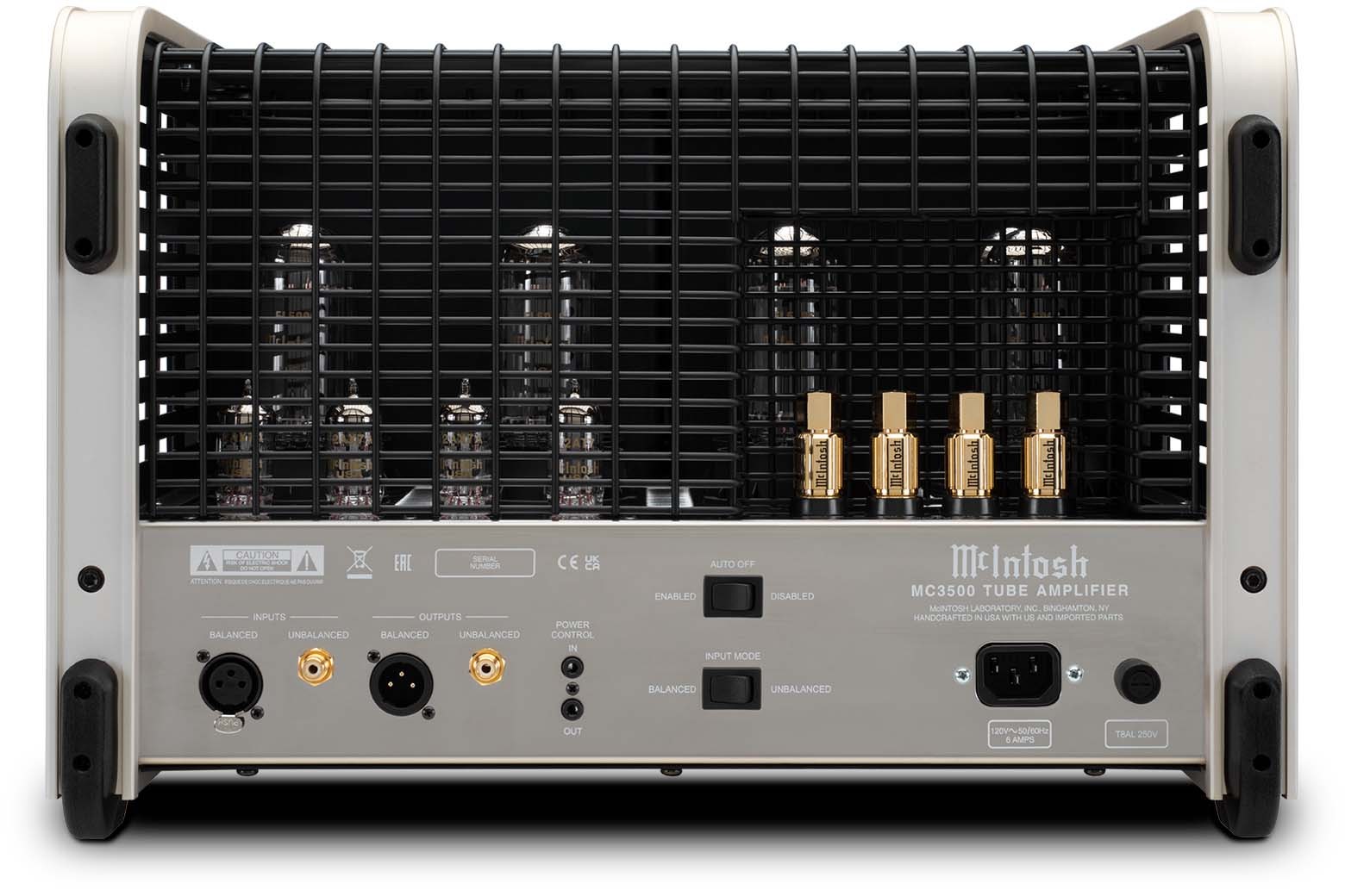 Detail ochranné klece a reproduktorových terminálů Solid Cinch na McIntosh MC3500 Mk II