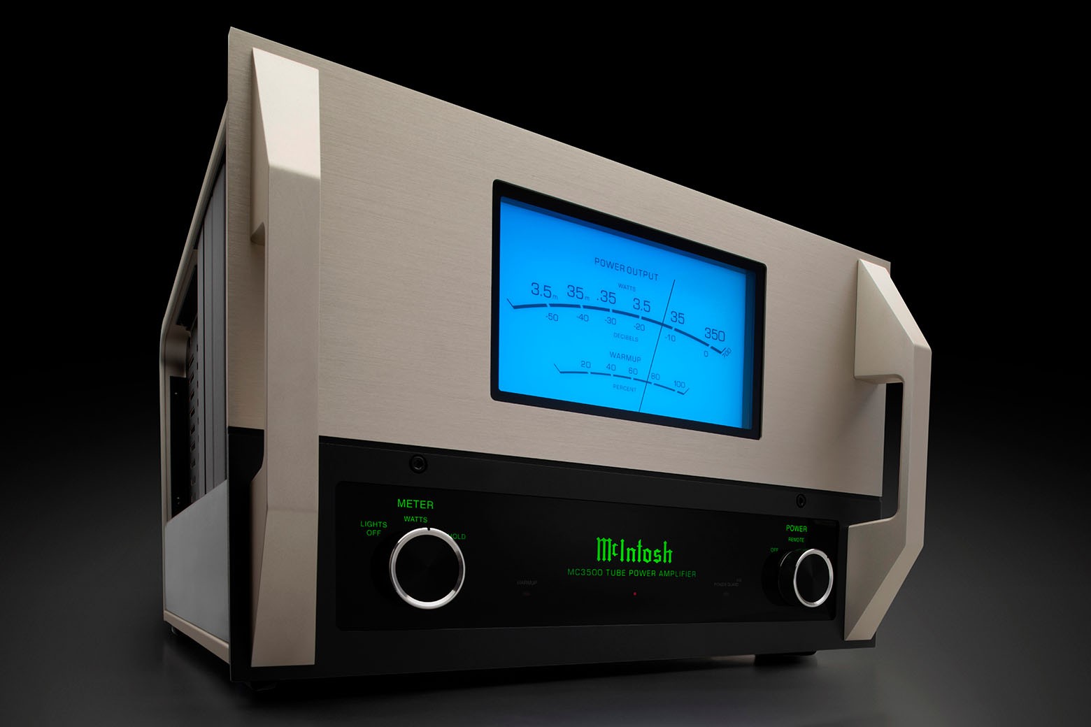 McIntosh MC3500 Mk II — elektronkový monoblok se zlatě eloxovaným předním panelem a žhnoucími elektronkami EL509S