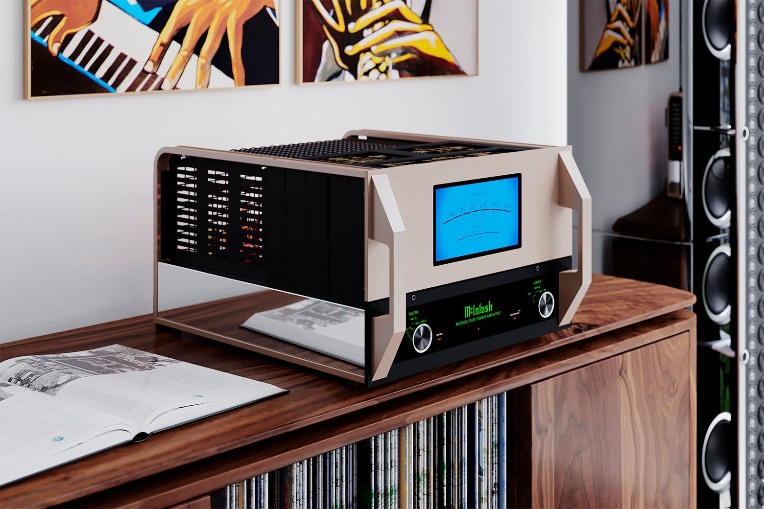 McIntosh MC3500 Mk II v interiéru — dvojice monobloků jako srdce náročné stereo sestavy