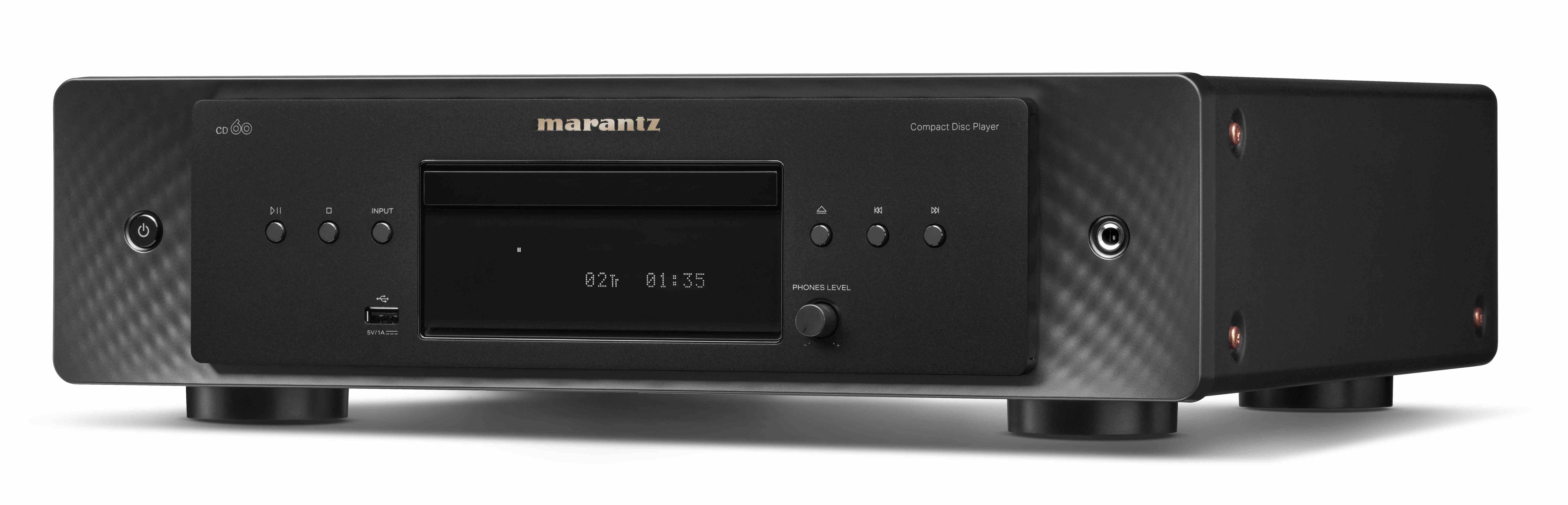 Marantz CD60 černý, pohled zleva — detail bočního panelu a mechaniky