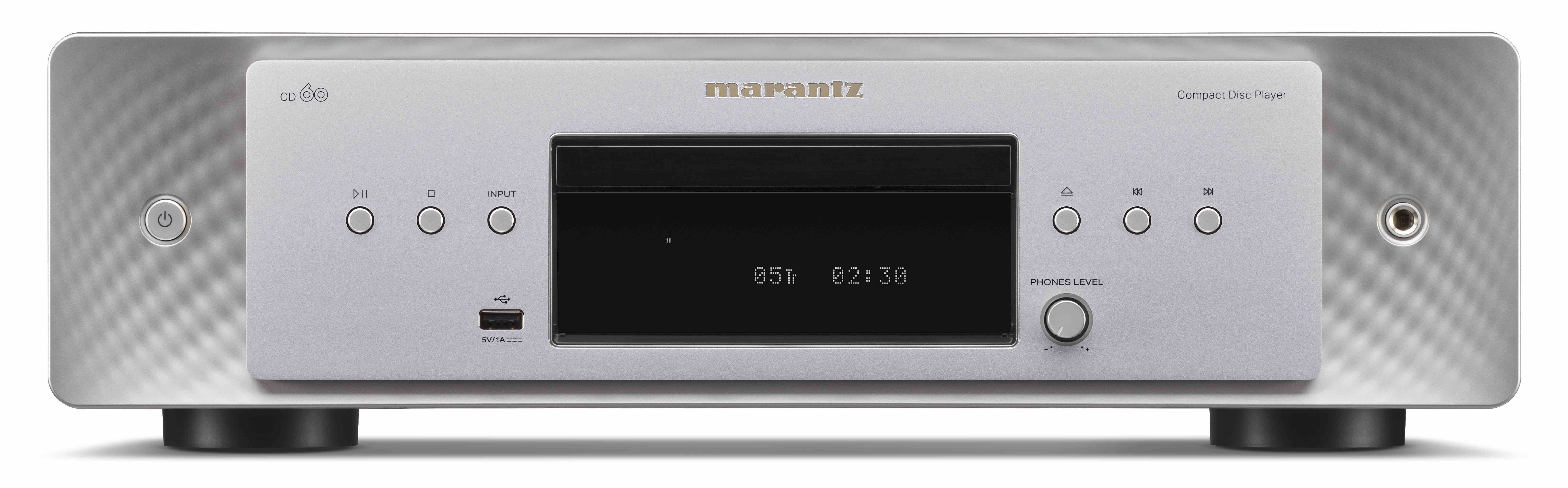 Marantz CD60 ve stříbrném provedení — studiový packshot, pohled zepředu