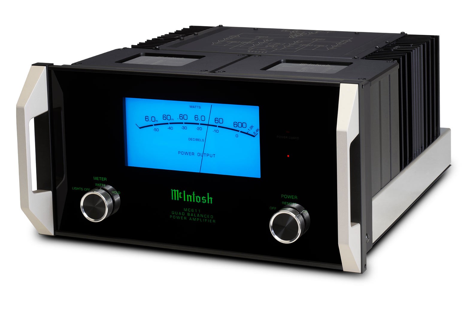 McIntosh MC611 — pohled na přední a horní část leštěného nerezového šasi