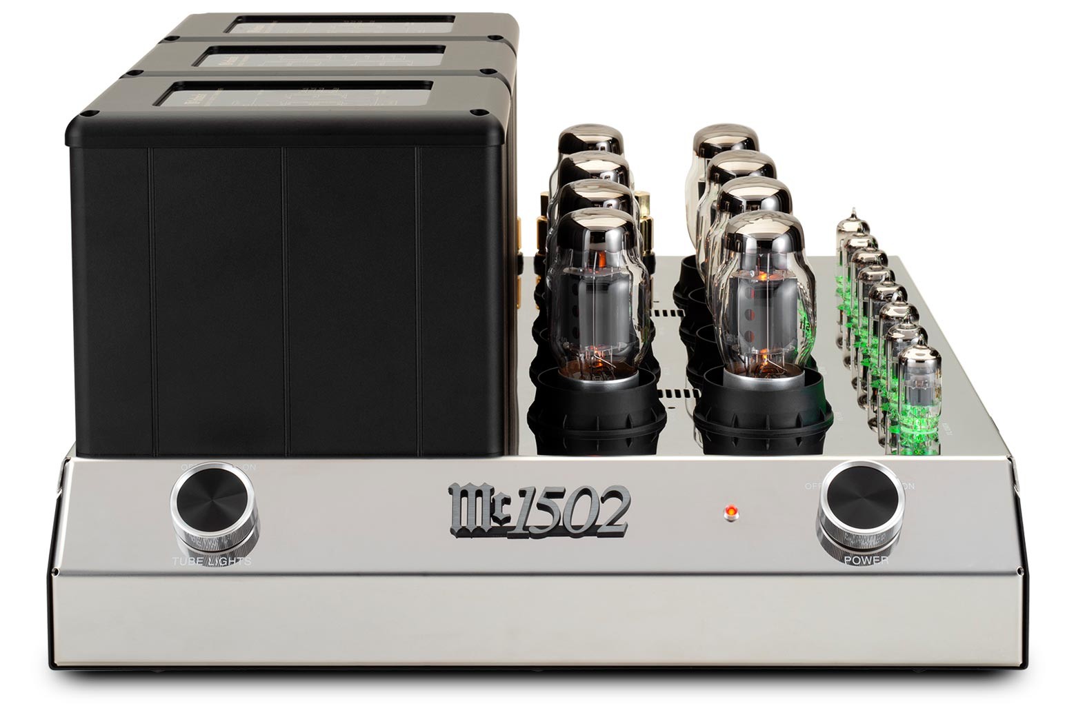 Detail elektronek McIntosh MC1502 — velké KT88 vzadu, menší 12AX7A a 12AT7 vepředu se zeleně svítícími paticemi