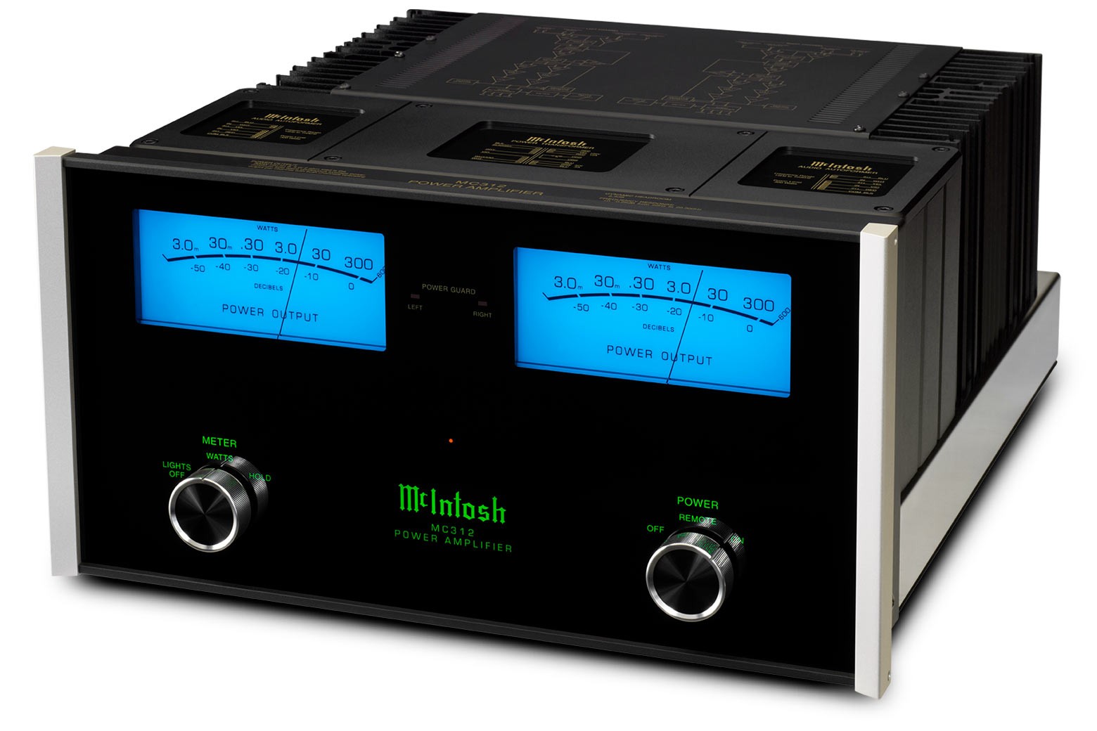 McIntosh MC312 z úhlu — leštěné nerezové šasi a hliníkové rukojeti