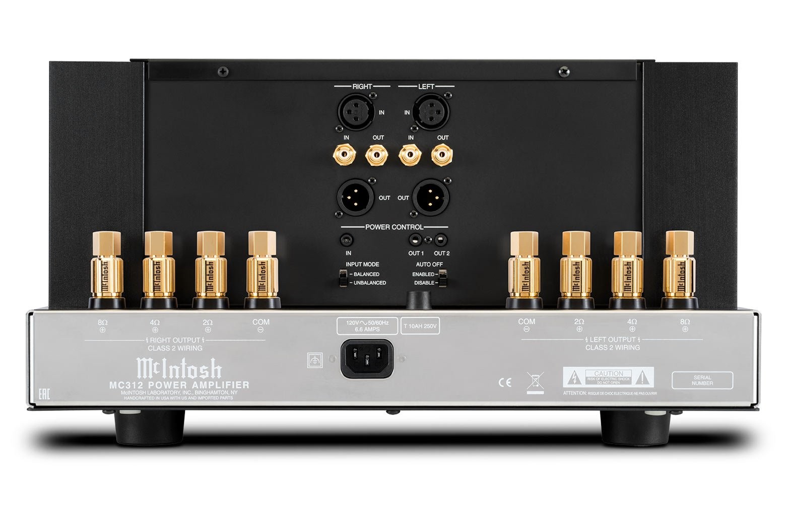 Zadní panel McIntosh MC312 se symetrickými a nesymetrickými vstupy a výstupy a terminály Solid Cinch