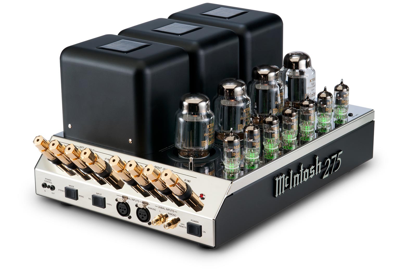 McIntosh MC275 — elektronkový koncový zesilovač z úhlu, leštěné nerezové šasi a žhnoucí elektronky