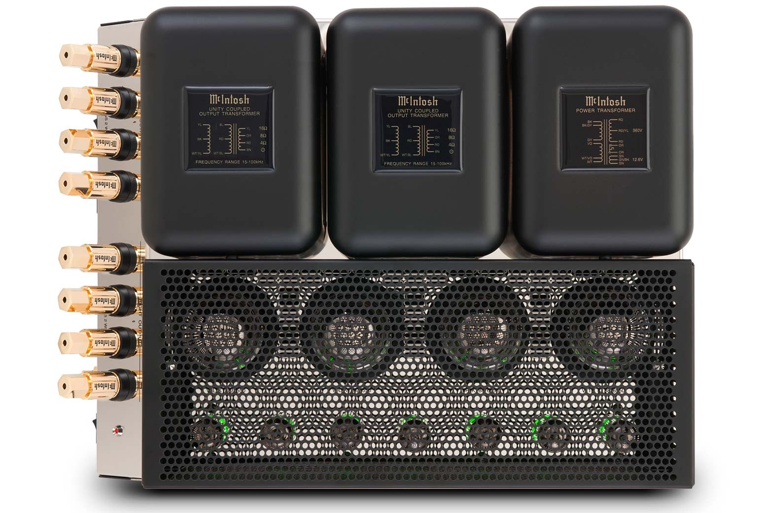 Detail výstupních elektronek KT88 a ochranného obvodu Sentry Monitor na McIntosh MC275