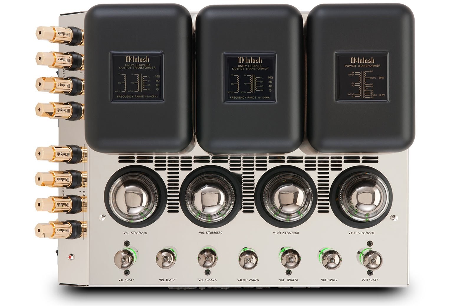Pohled shora na McIntosh MC275 — rozmístění elektronek KT88 a výstupních transformátorů Unity Coupled Circuit