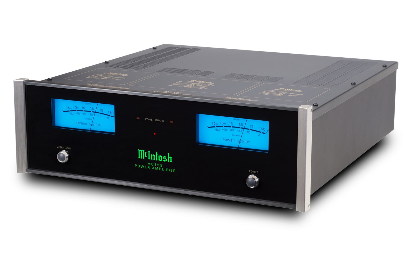 McIntosh MC152 z předního úhlu, dvojice rozsvícených modrých wattmetrů na černém skleněném panelu