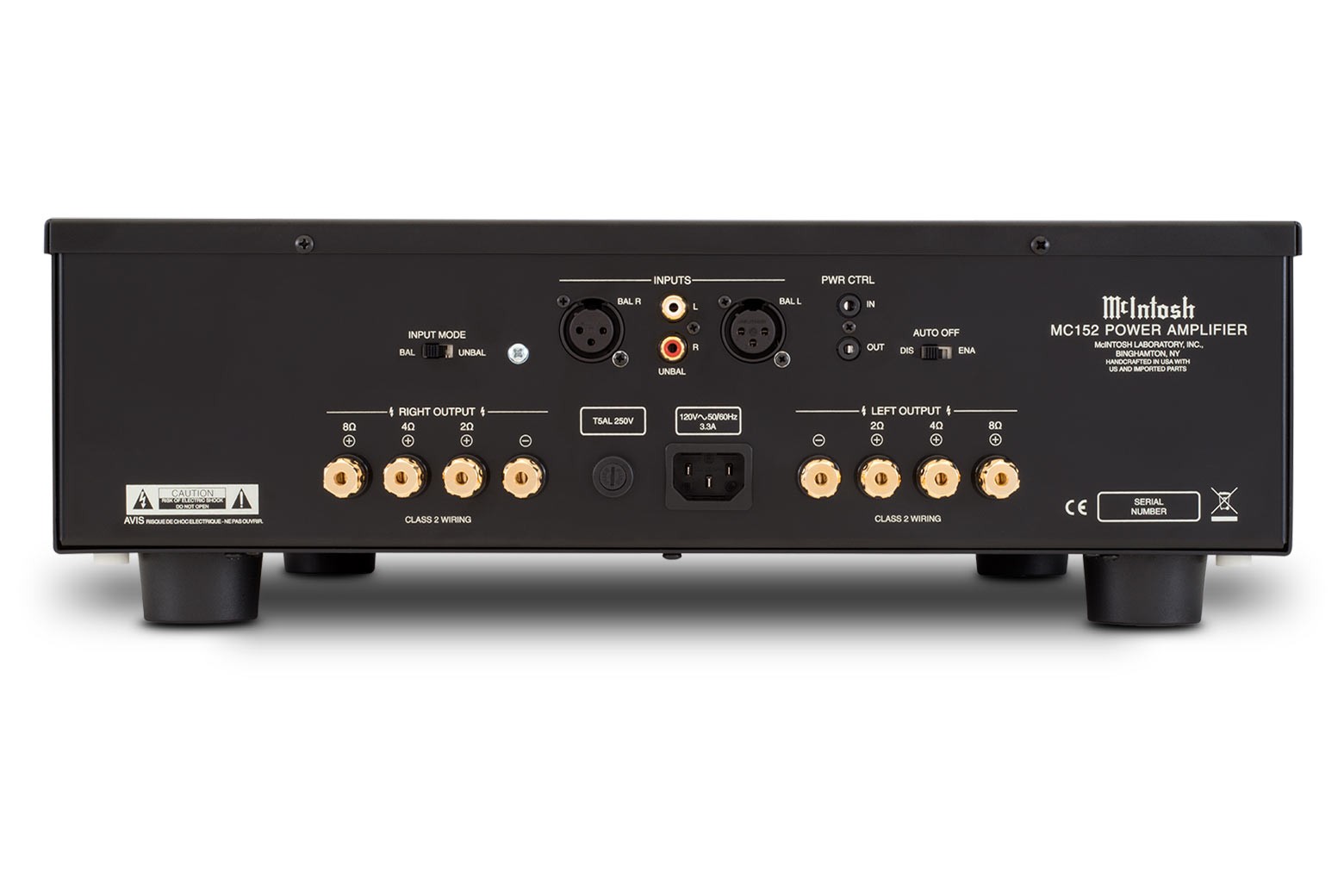 Zadní panel McIntosh MC152 se symetrickými a nesymetrickými vstupy a zlacenými terminály pro 2, 4 a 8 ohmů