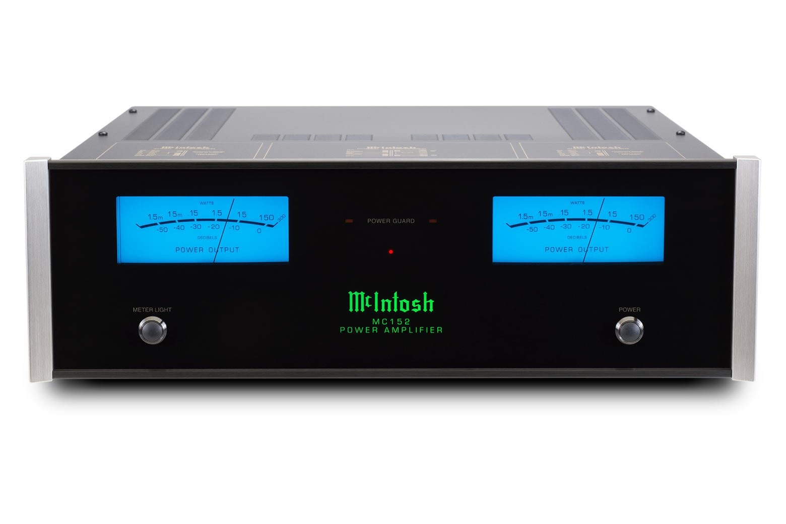 McIntosh MC152 z předního nadhledu, horní strana se zlatě tištěnými schématy transformátorů a dva modré měřiče