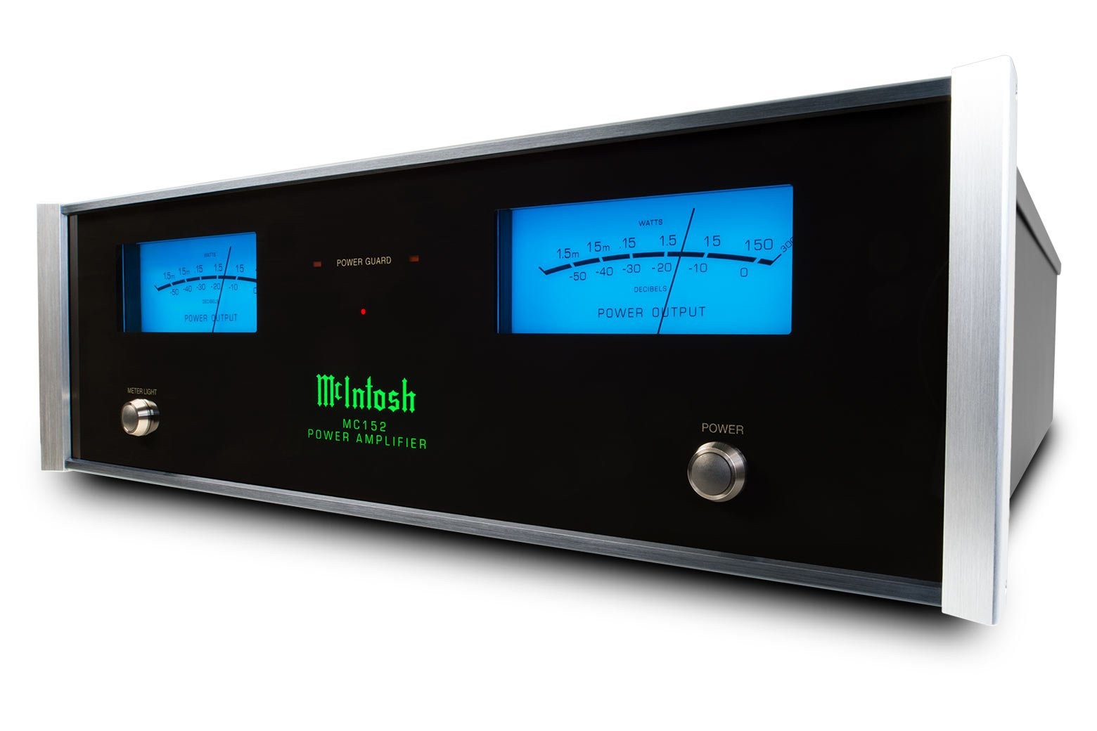 McIntosh MC152 z mírného podhledu, štíhlé černé šasi se stříbrnými koncovkami a modrými měřiči