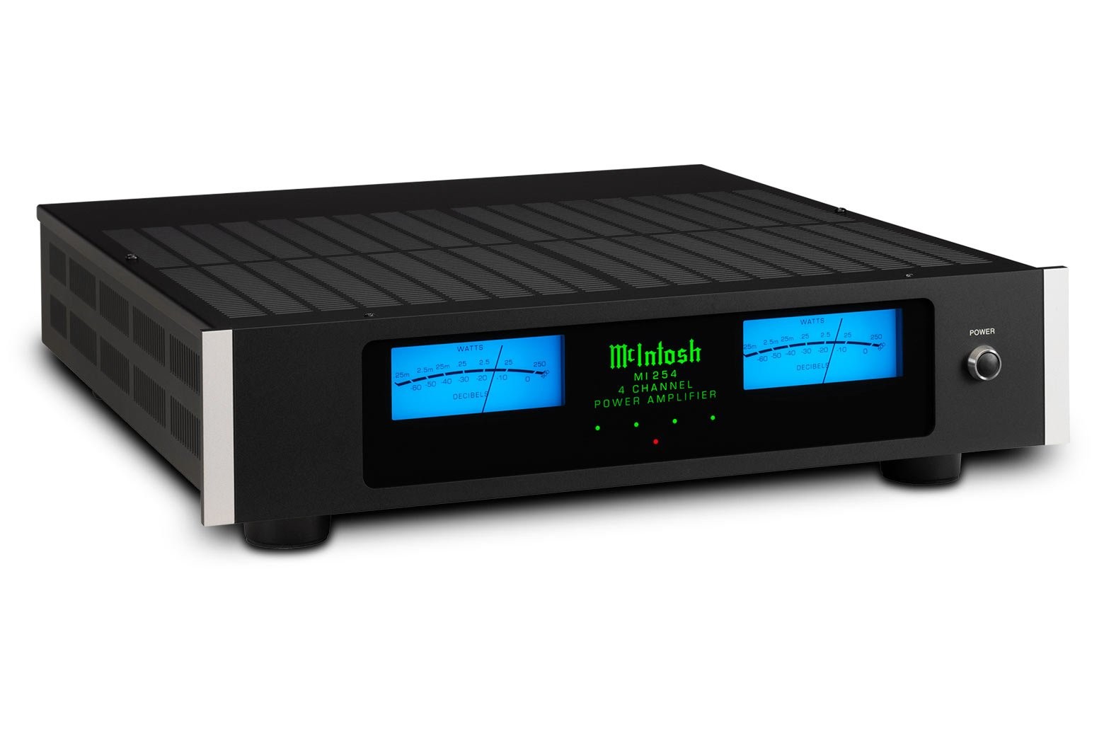 McIntosh MI254 v šikmém pohledu s černým skleněným panelem a dvěma modrými wattmetry